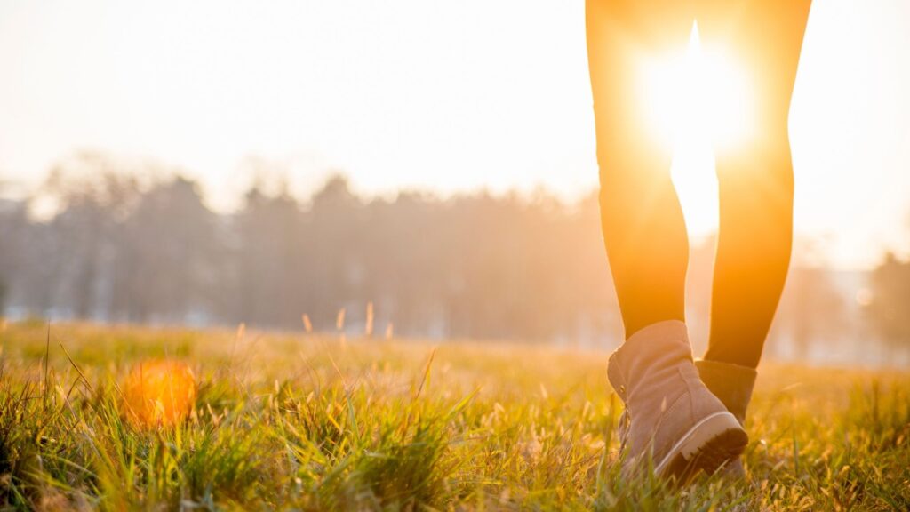 Kvindes ben i solnedgang på en græseng