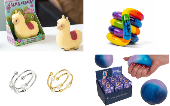 Billede af fire forskellige slags fidget toys og sanseringe til at lindre skin picking