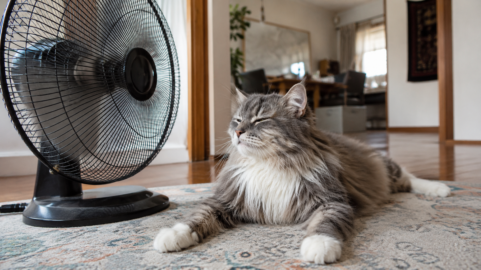 Gråstribet langhårskat der ligger foran en ventilator som billede på varme og autisme