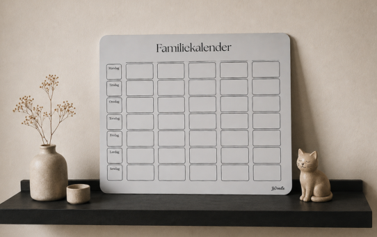 Familiekalender stående på hylde med pyntegenstande. God til autisme og planlægning.
