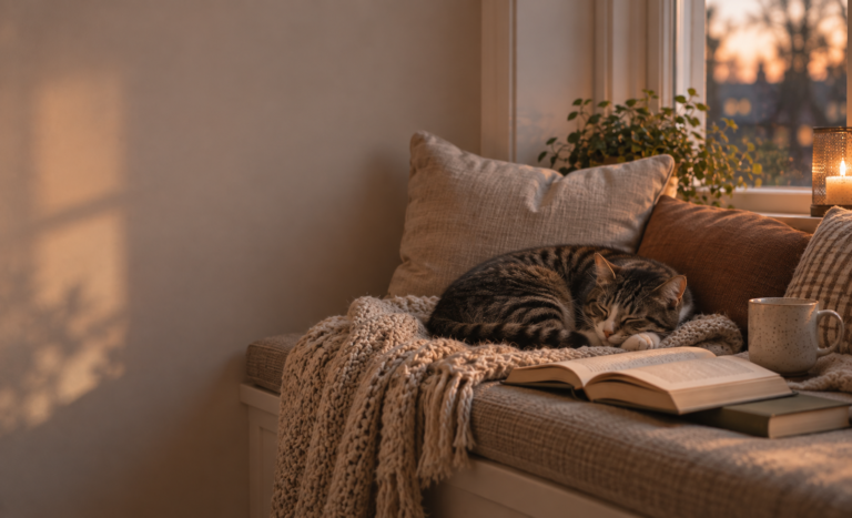 Kat, som sover i sofa med bog som billede på indlæg om bøger om mistrivsel