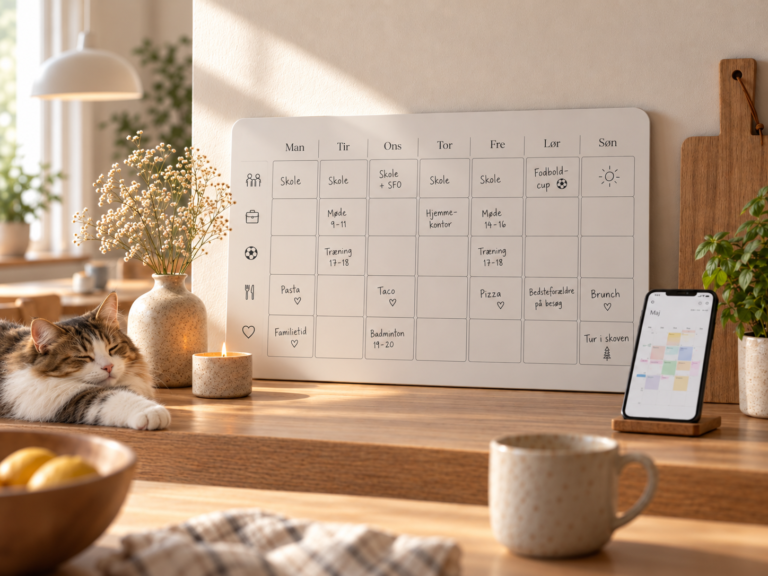 Træbord i solskin med en fysisk familiekalender til væg og app-kalender som billede på, hvad der fungerer bedst i familielivet